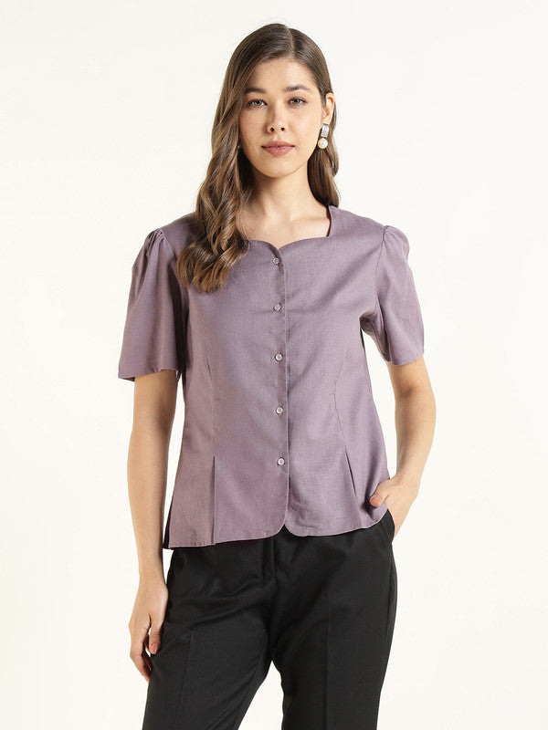 Women Purple Solid Linen Regular Fit Formal Shirt