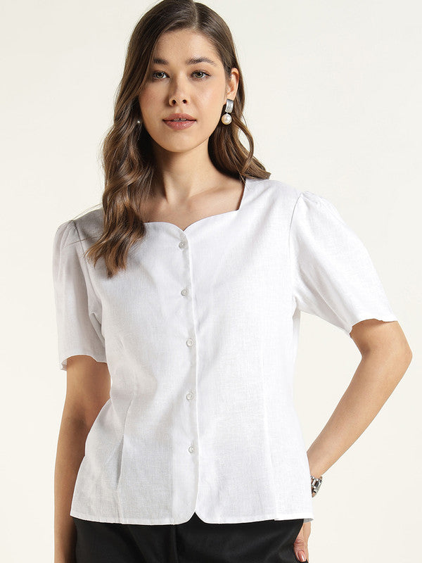 Women White Solid Linen Regular Fit Formal Shirt
