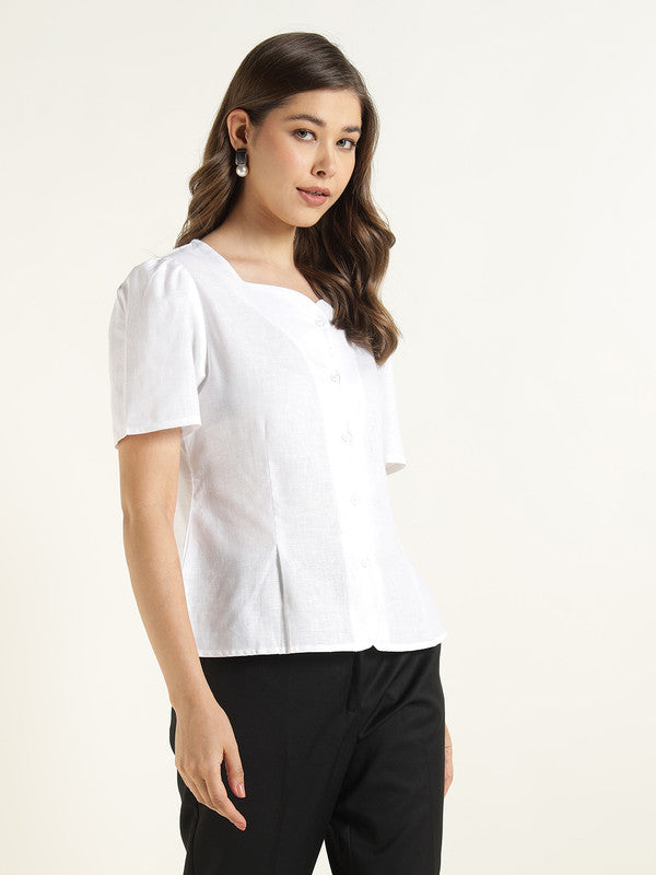 Women White Solid Linen Regular Fit Formal Shirt