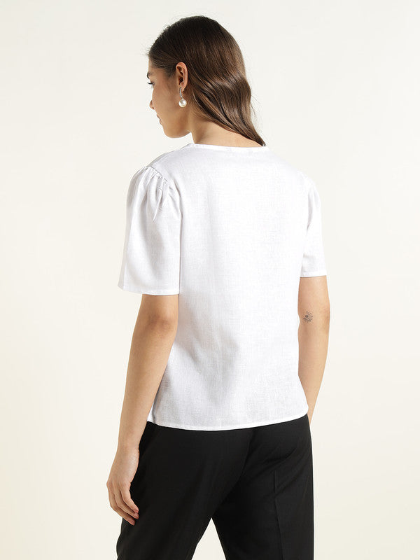 Women White Solid Linen Regular Fit Formal Shirt