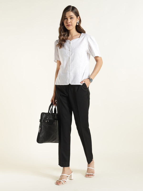 Women White Solid Linen Regular Fit Formal Shirt