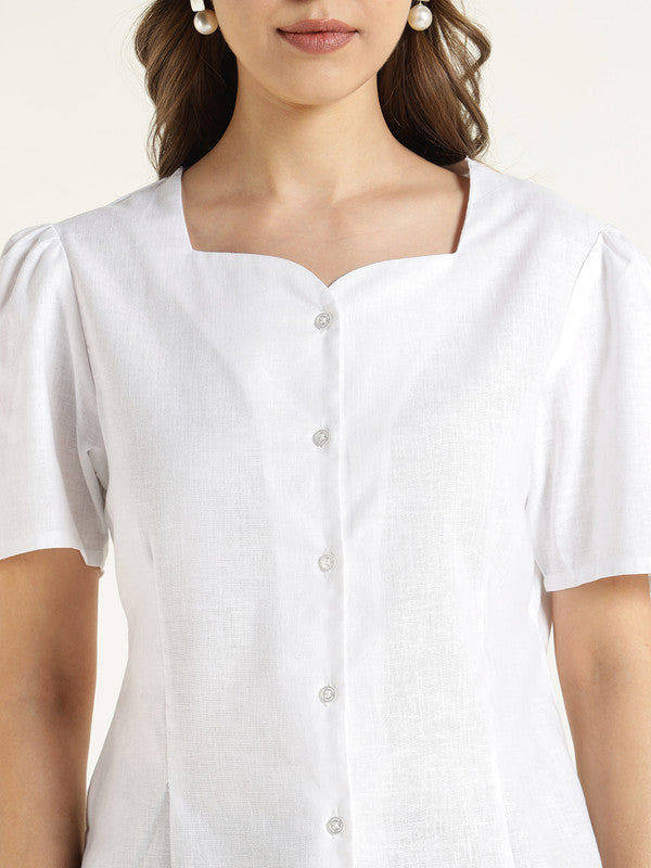 Women White Solid Linen Regular Fit Formal Shirt