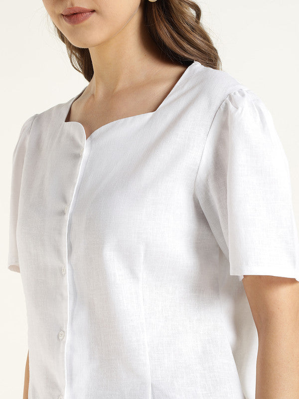 Women White Solid Linen Regular Fit Formal Shirt