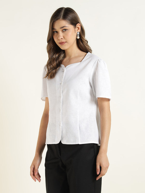 Women White Solid Linen Regular Fit Formal Shirt