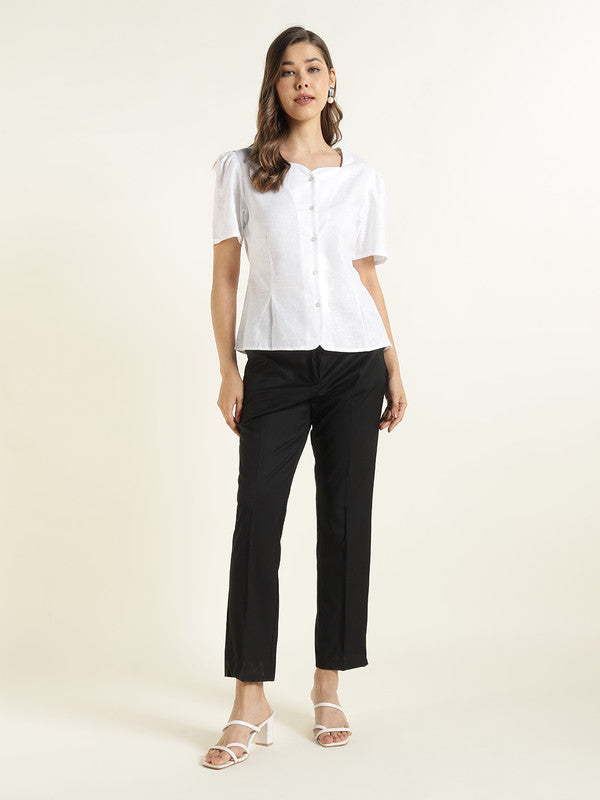 Women White Solid Linen Regular Fit Formal Shirt