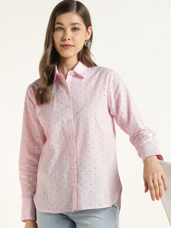 Women Pink Solid Pure Cotton Relaxed Fit Schiffli Casual Shirt