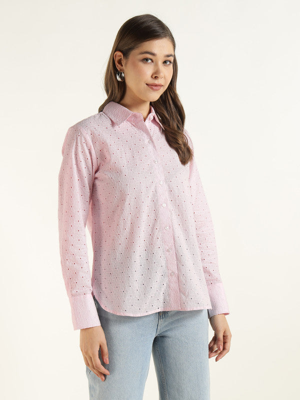 Women Pink Solid Pure Cotton Relaxed Fit Schiffli Casual Shirt