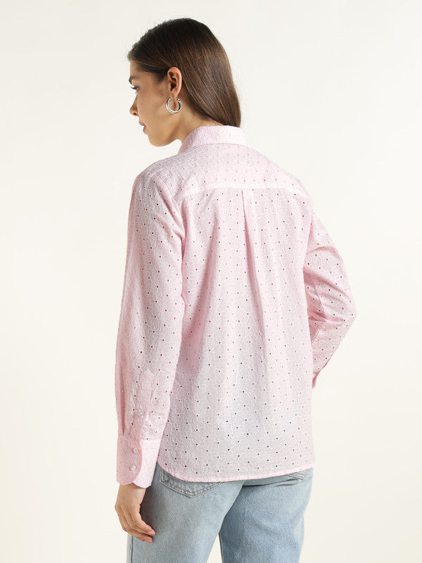 Women Pink Solid Pure Cotton Relaxed Fit Schiffli Casual Shirt