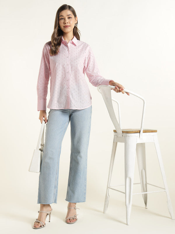 Women Pink Solid Pure Cotton Relaxed Fit Schiffli Casual Shirt