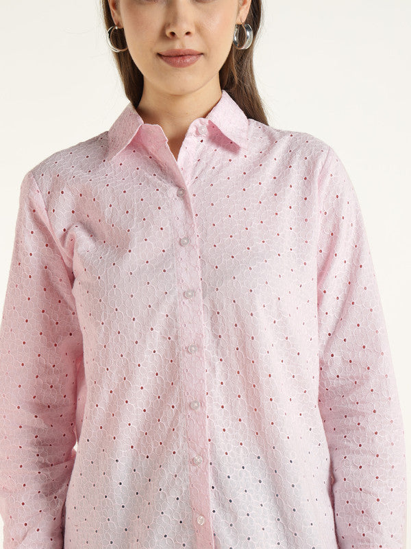 Women Pink Solid Pure Cotton Relaxed Fit Schiffli Casual Shirt