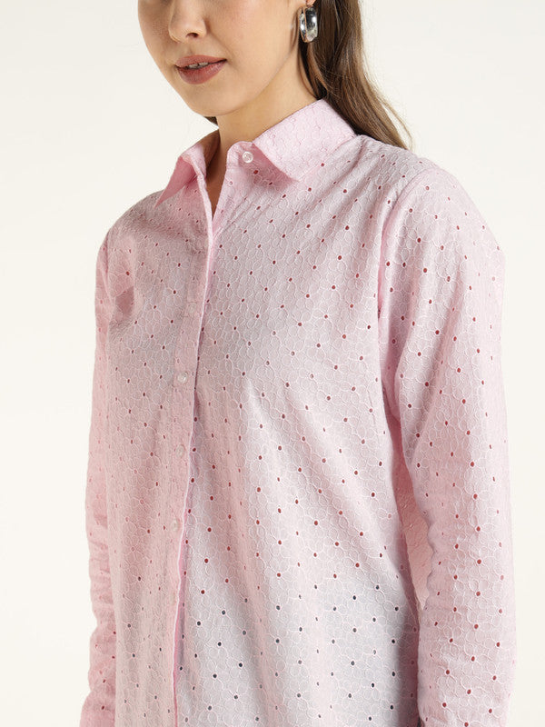 Women Pink Solid Pure Cotton Relaxed Fit Schiffli Casual Shirt