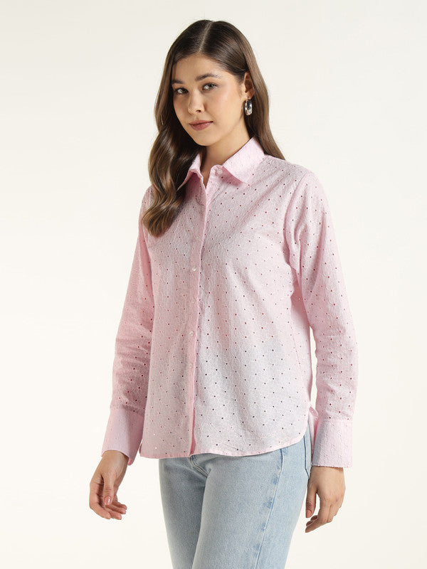 Women Pink Solid Pure Cotton Relaxed Fit Schiffli Casual Shirt