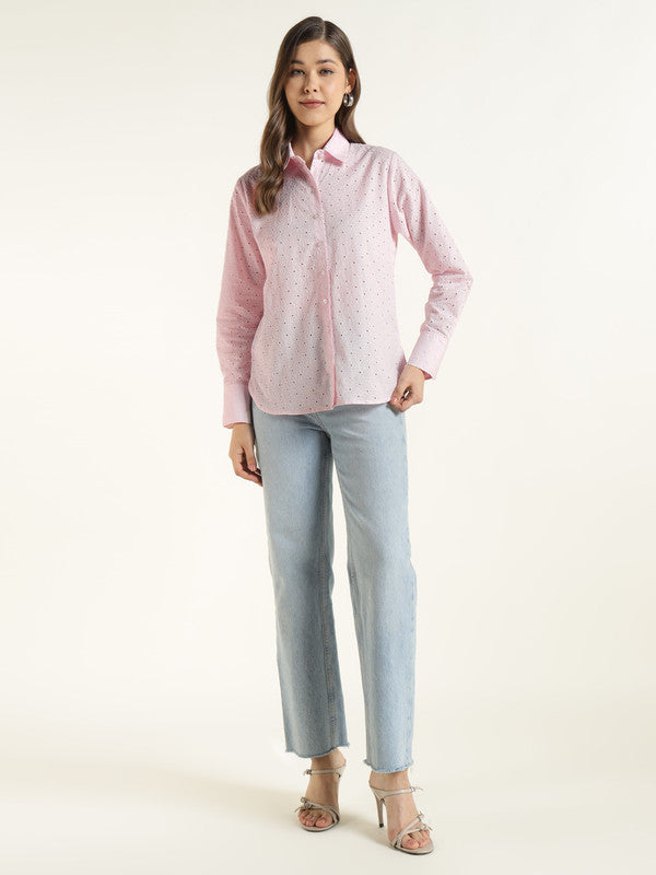 Women Pink Solid Pure Cotton Relaxed Fit Schiffli Casual Shirt