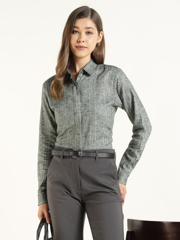 Women Grey Striped Linen Regular Fit Formal Shirt