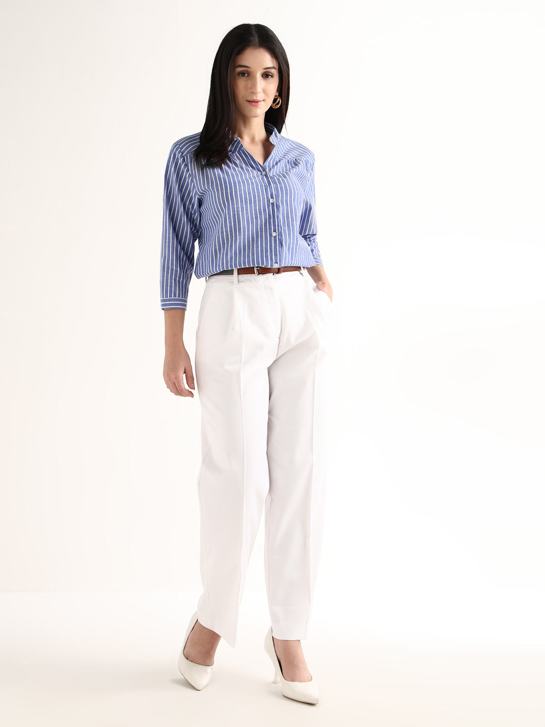 Hancock   Women   Blue & White   Stripes   Pure Cotton   Regular Fit   Formal   Shirt