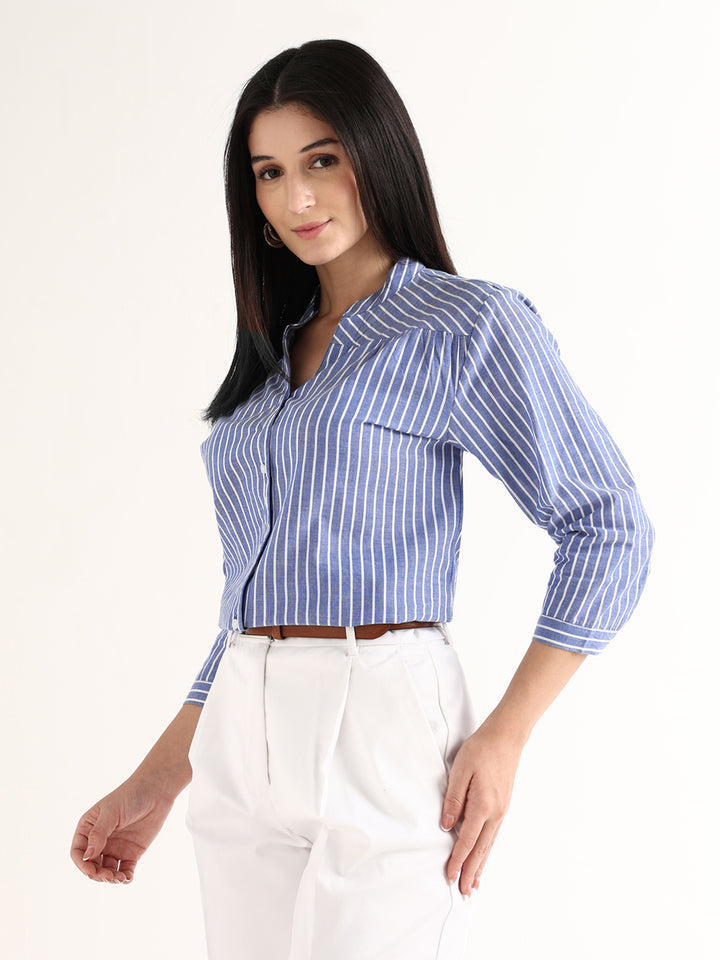 Hancock   Women   Blue & White   Stripes   Pure Cotton   Regular Fit   Formal   Shirt