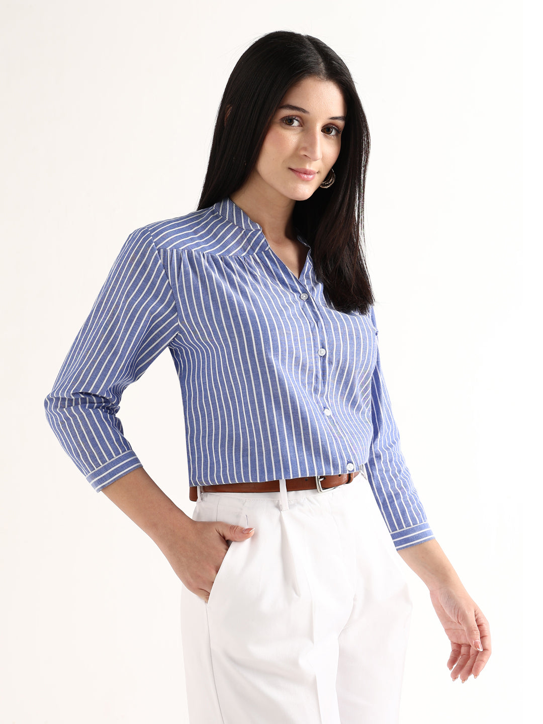 Hancock   Women   Blue & White   Stripes   Pure Cotton   Regular Fit   Formal   Shirt