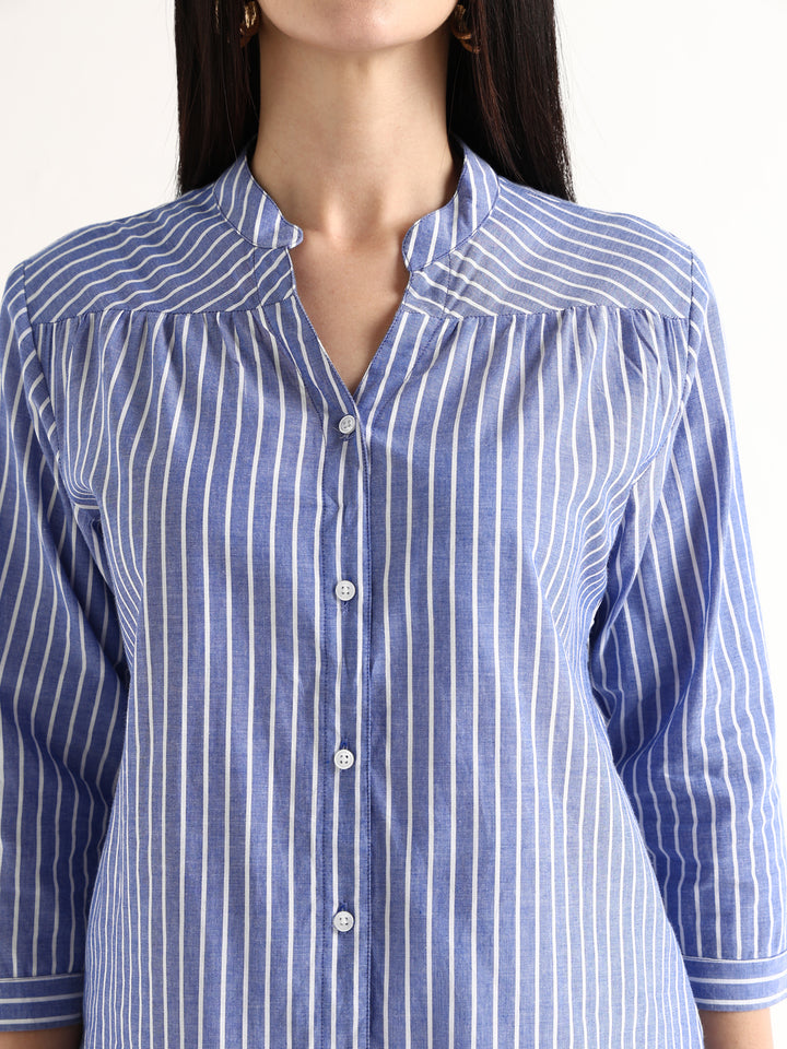 Hancock   Women   Blue & White   Stripes   Pure Cotton   Regular Fit   Formal   Shirt