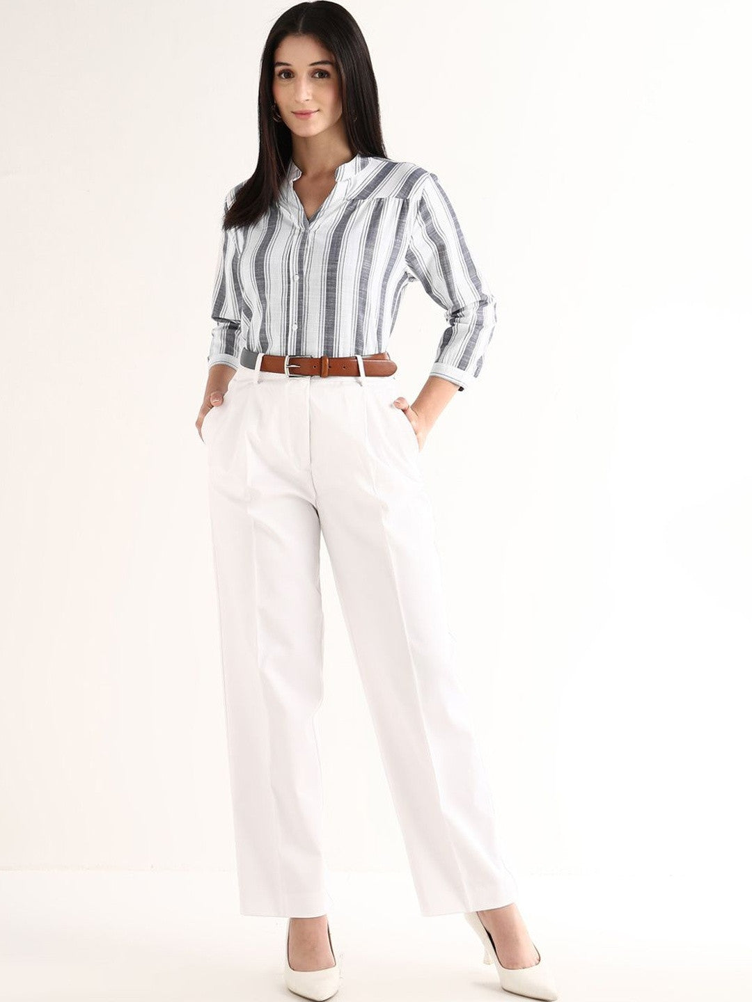 Hancock   Women   White & Grey   Stripes   Pure Cotton   Regular Fit   Formal   Shirt