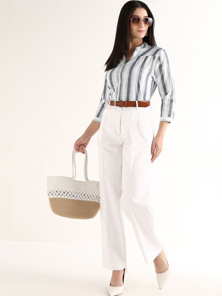 Hancock   Women   White & Grey   Stripes   Pure Cotton   Regular Fit   Formal   Shirt