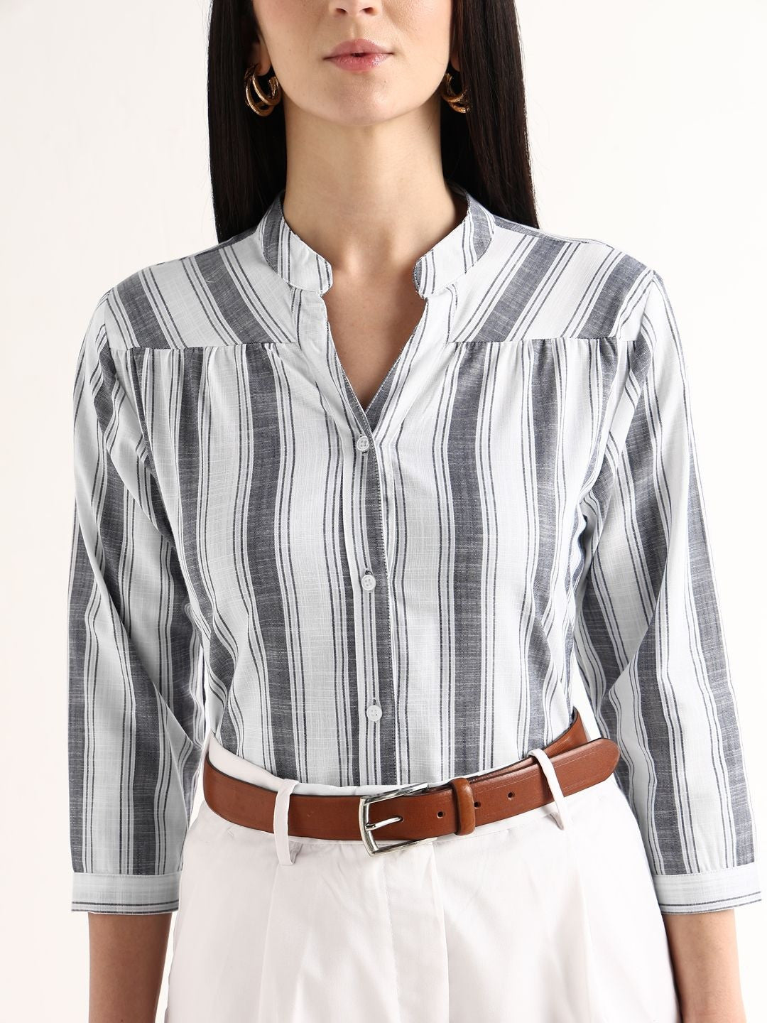 Hancock   Women   White & Grey   Stripes   Pure Cotton   Regular Fit   Formal   Shirt