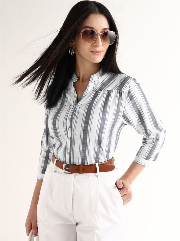 Hancock   Women   White & Grey   Stripes   Pure Cotton   Regular Fit   Formal   Shirt