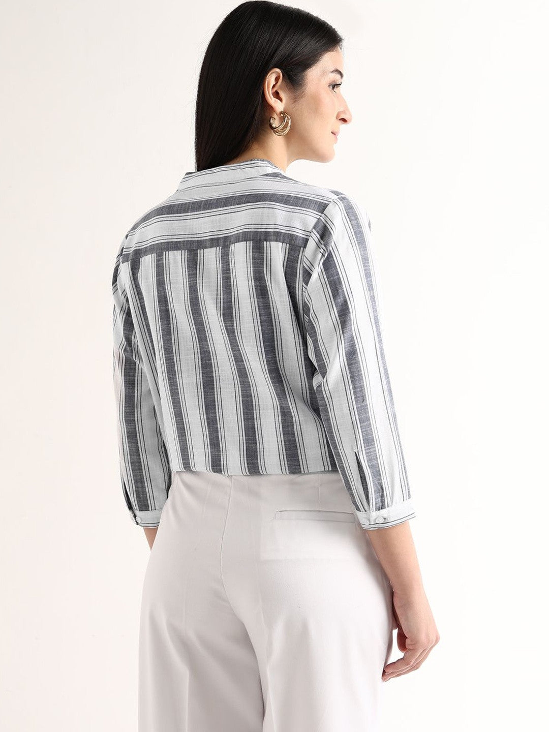 Hancock   Women   White & Grey   Stripes   Pure Cotton   Regular Fit   Formal   Shirt
