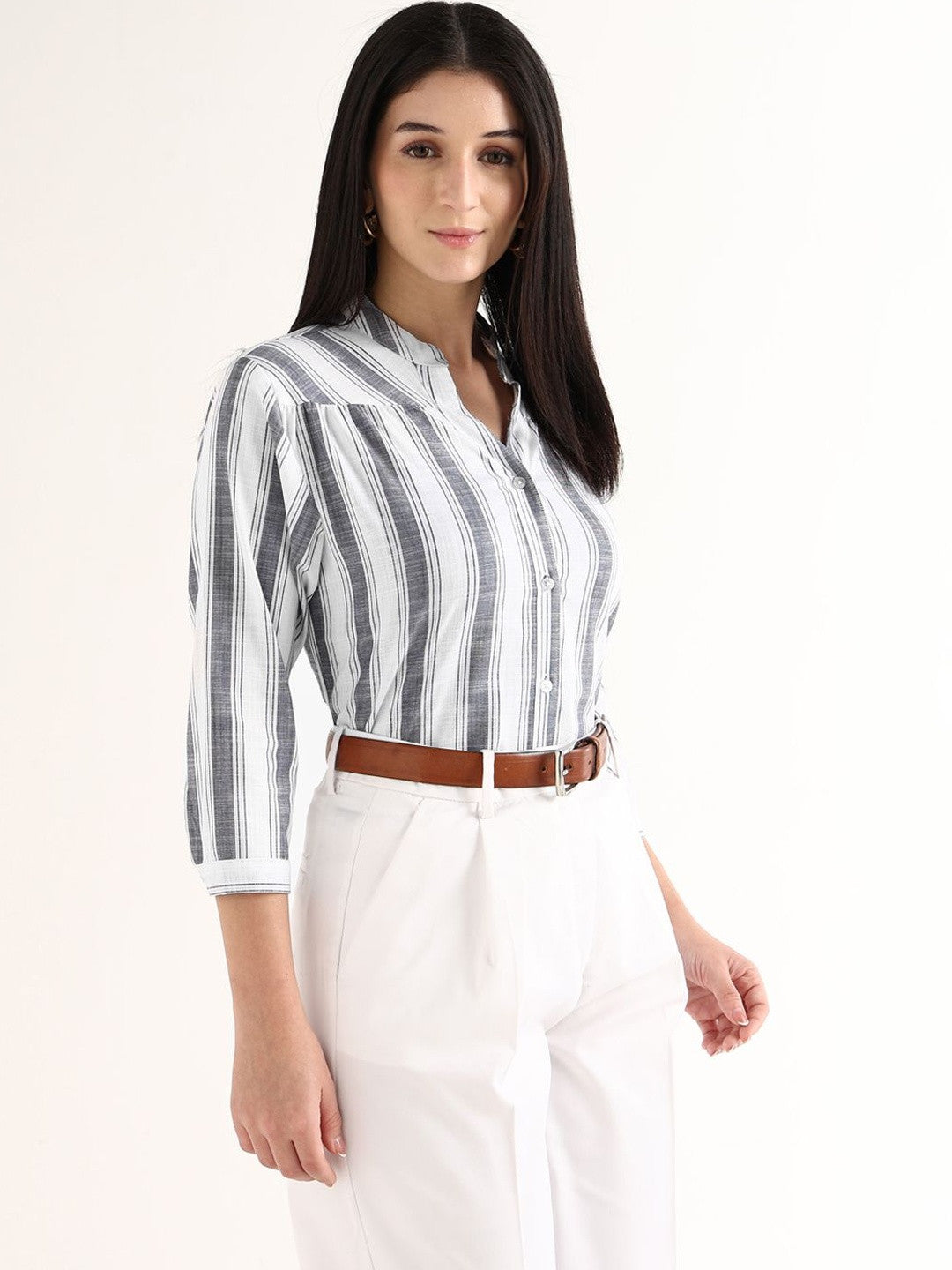 Hancock   Women   White & Grey   Stripes   Pure Cotton   Regular Fit   Formal   Shirt