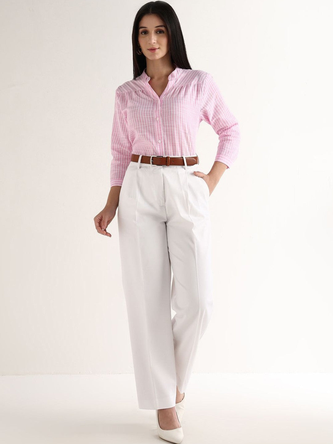 Hancock   Women   Pink & White   Stripes   Pure Cotton   Regular Fit   Formal   Shirt
