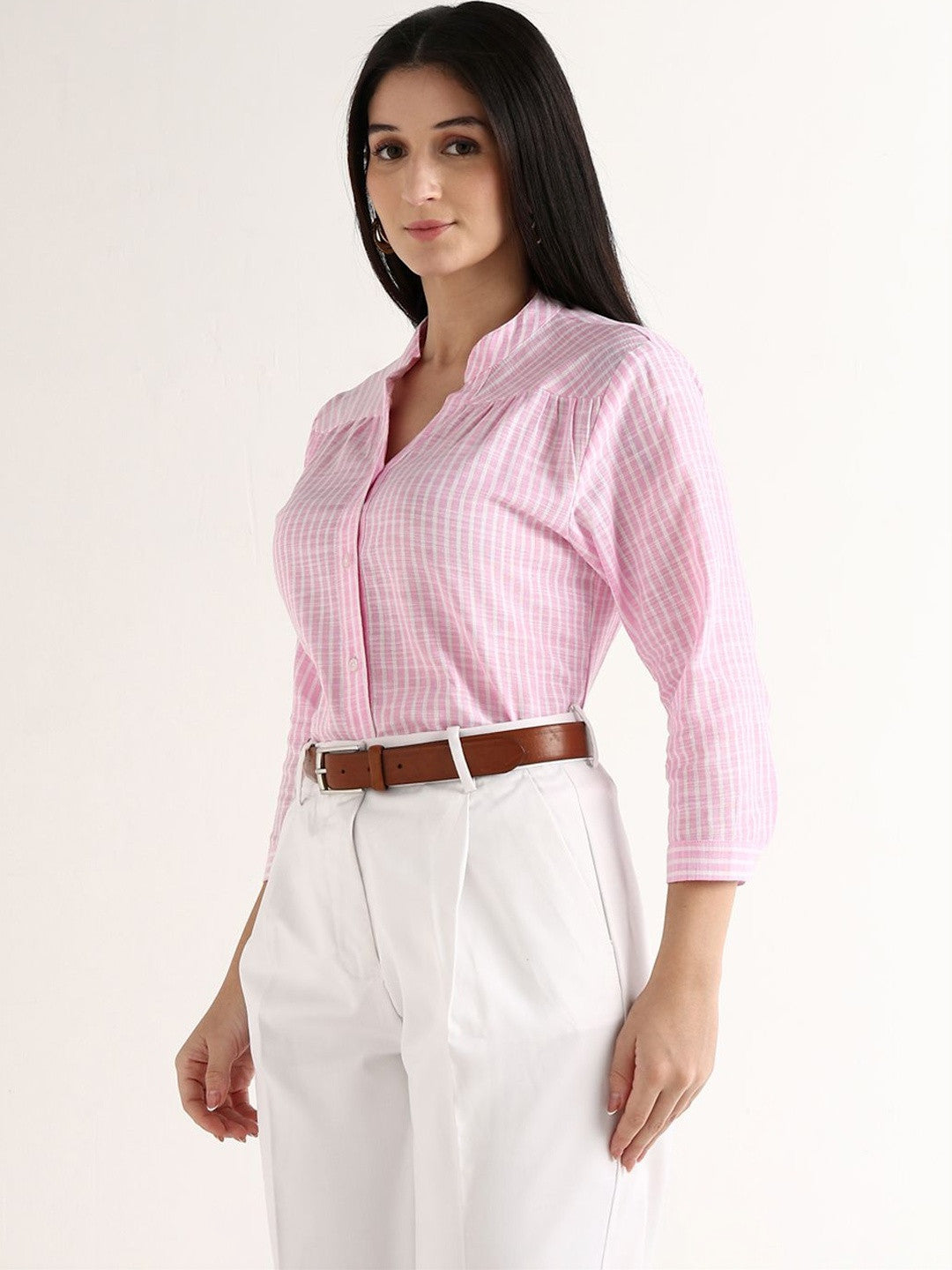 Hancock   Women   Pink & White   Stripes   Pure Cotton   Regular Fit   Formal   Shirt