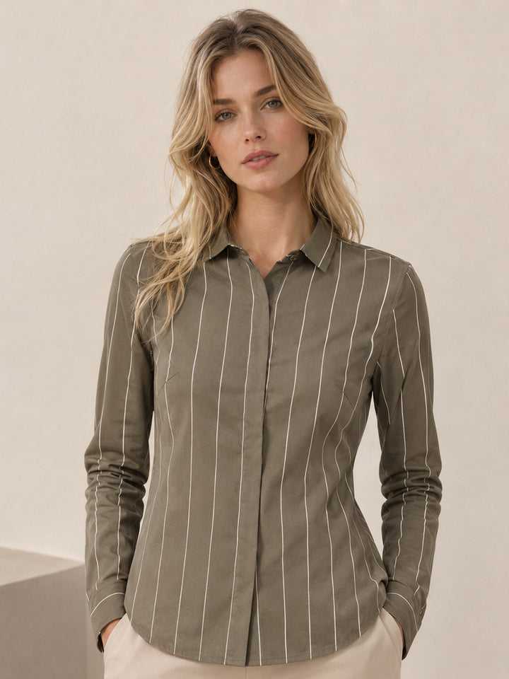 Women Olive Stripe Pure Cotton Slim Fit Casual Shirt