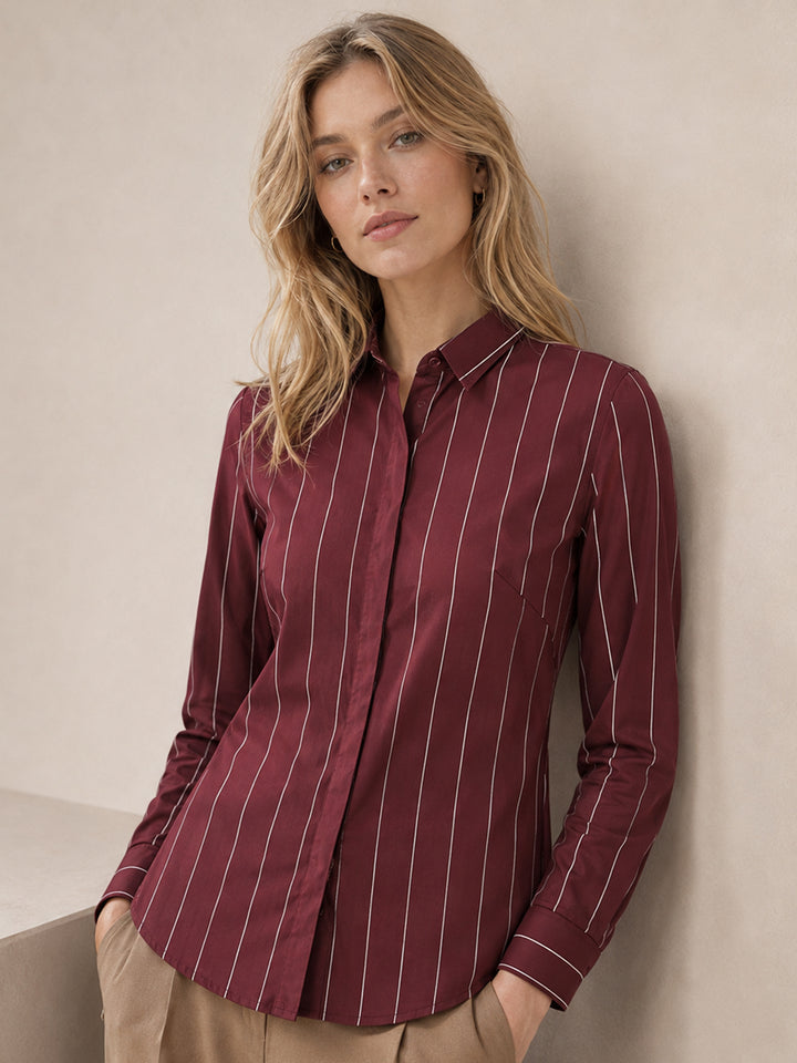 Women Maroon Striped Pure Cotton Slim Fit Formal Shirt