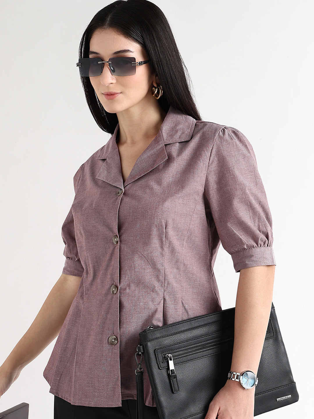 Hancock   Women   Maroon   Solids   Cotton Elastane   Regular Fit   Formal   Shirt