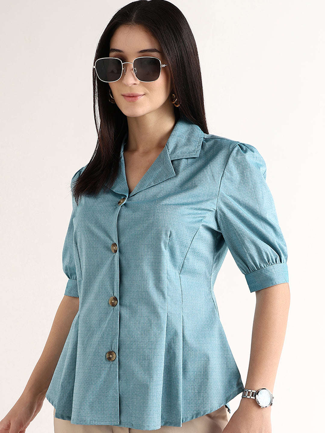 Hancock   Women   Blue   Solid Self Design   Pure Cotton   Regular Fit   Formal   Shirt
