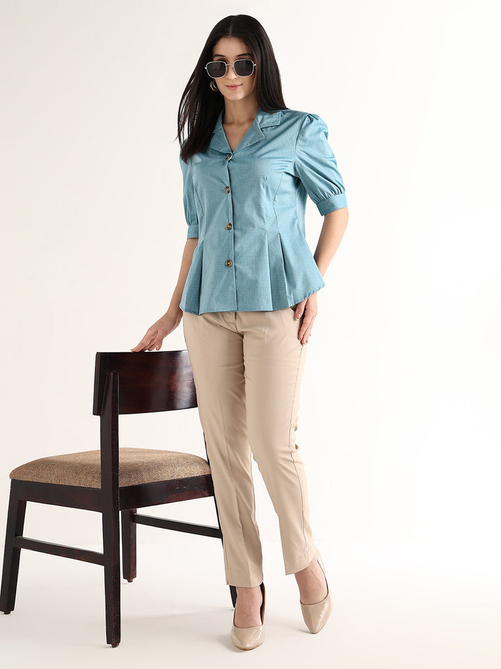 Hancock   Women   Blue   Solid Self Design   Pure Cotton   Regular Fit   Formal   Shirt