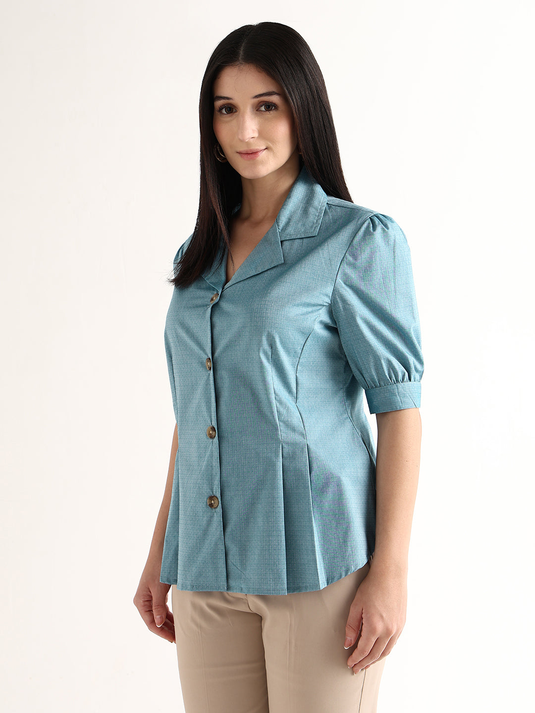 Hancock   Women   Blue   Solid Self Design   Pure Cotton   Regular Fit   Formal   Shirt