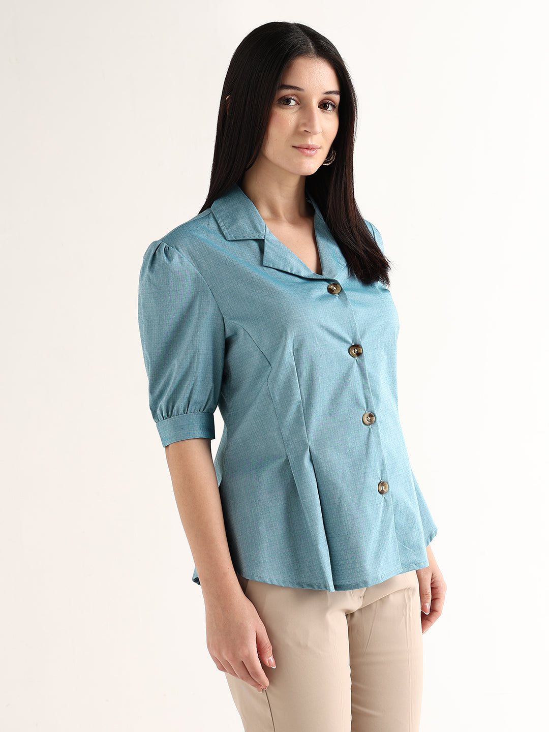 Hancock   Women   Blue   Solid Self Design   Pure Cotton   Regular Fit   Formal   Shirt