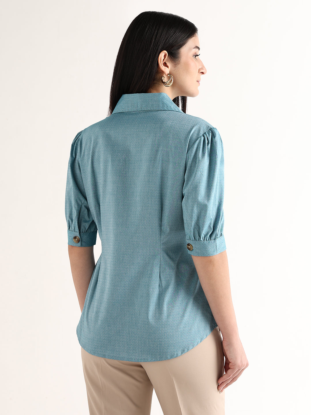 Hancock   Women   Blue   Solid Self Design   Pure Cotton   Regular Fit   Formal   Shirt
