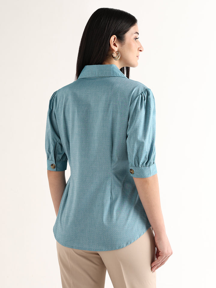 Hancock   Women   Blue   Solid Self Design   Pure Cotton   Regular Fit   Formal   Shirt