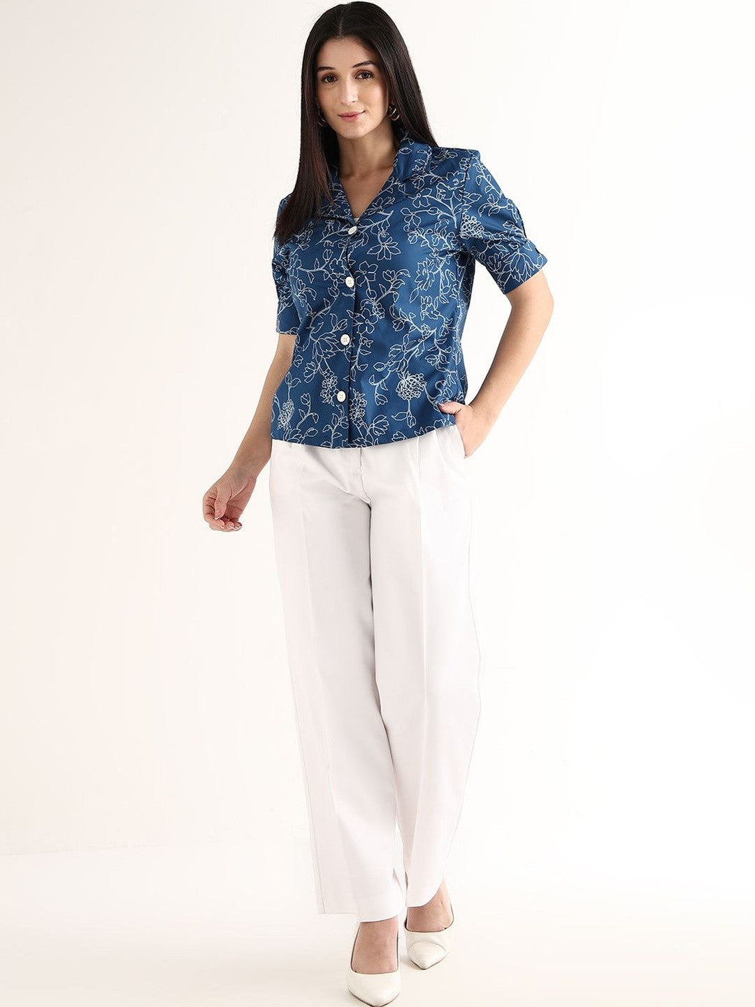 Hancock   Women   Blue   Prints   Pure Cotton   Regular Fit   Formal   Shirt