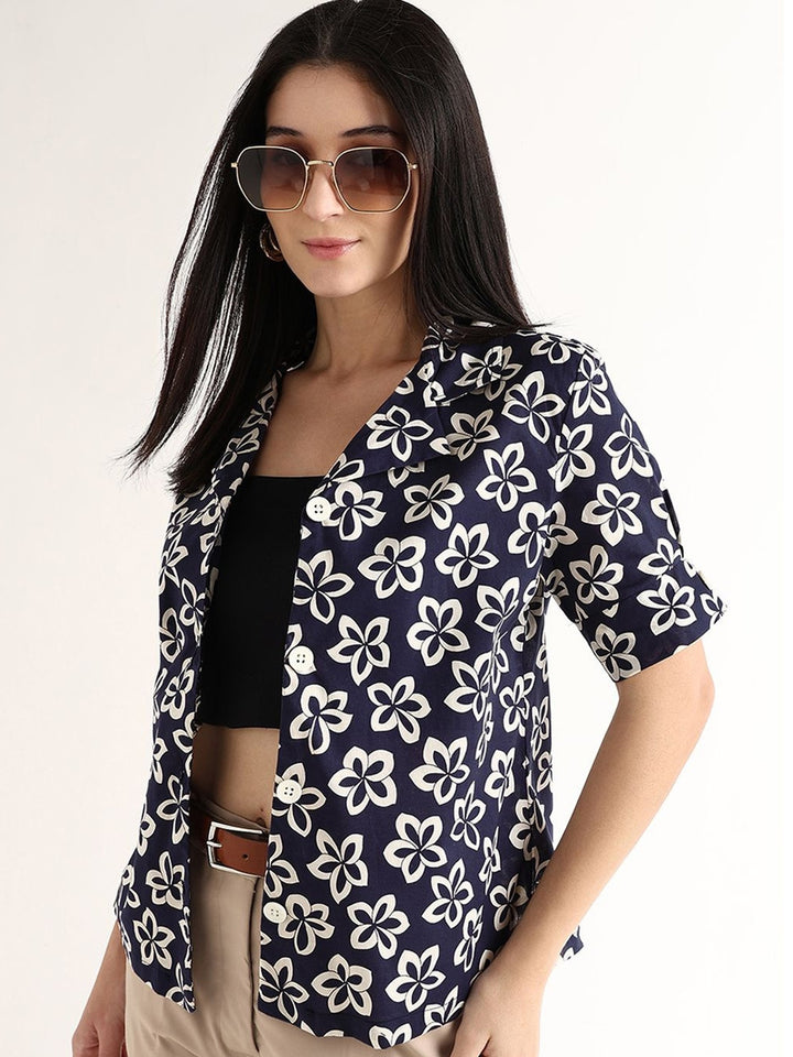 Hancock   Women   Navy Blue & Cream   Prints   Pure Cotton   Regular Fit   Formal   Shirt