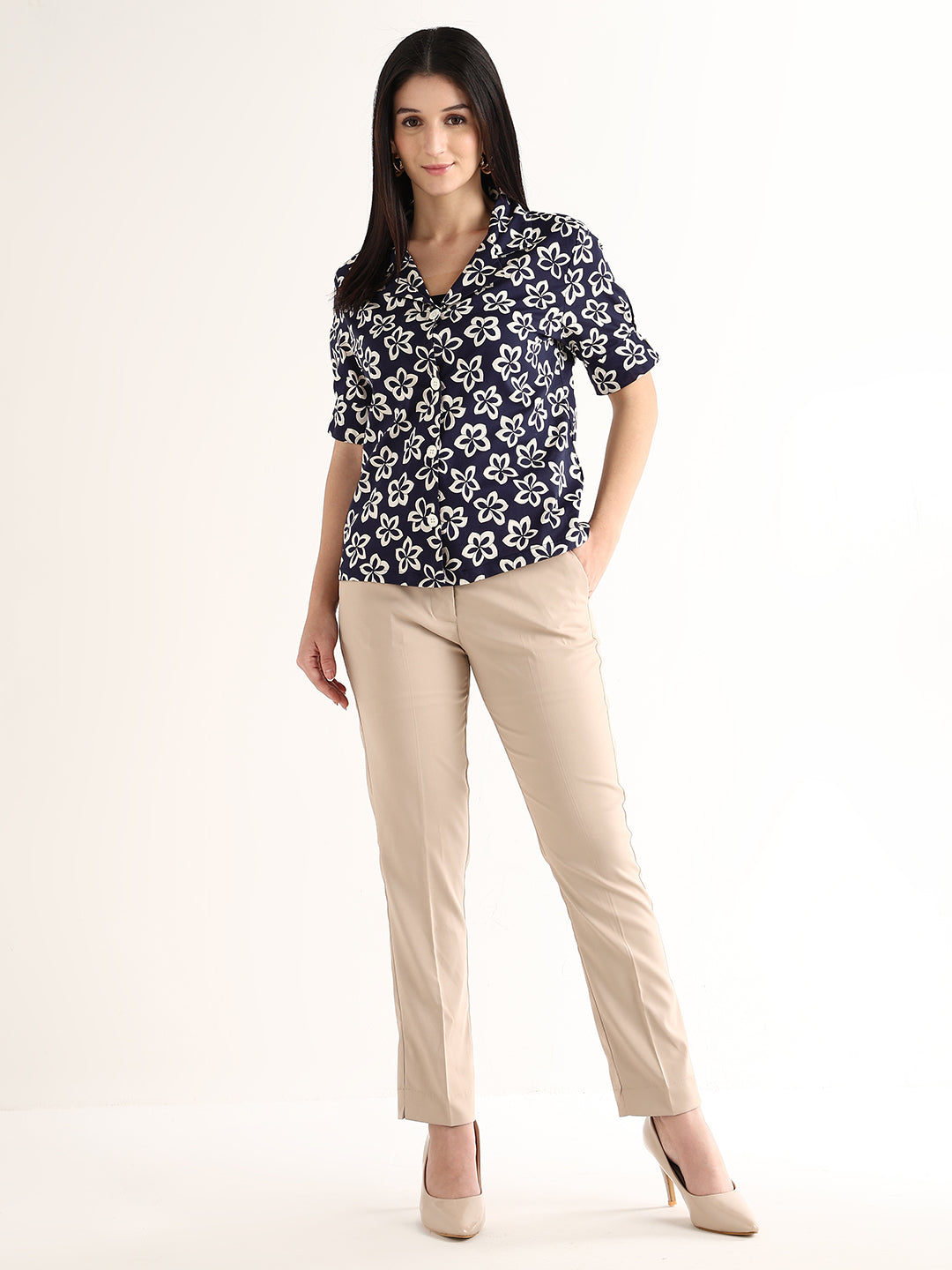 Hancock   Women   Navy Blue & Cream   Prints   Pure Cotton   Regular Fit   Formal   Shirt