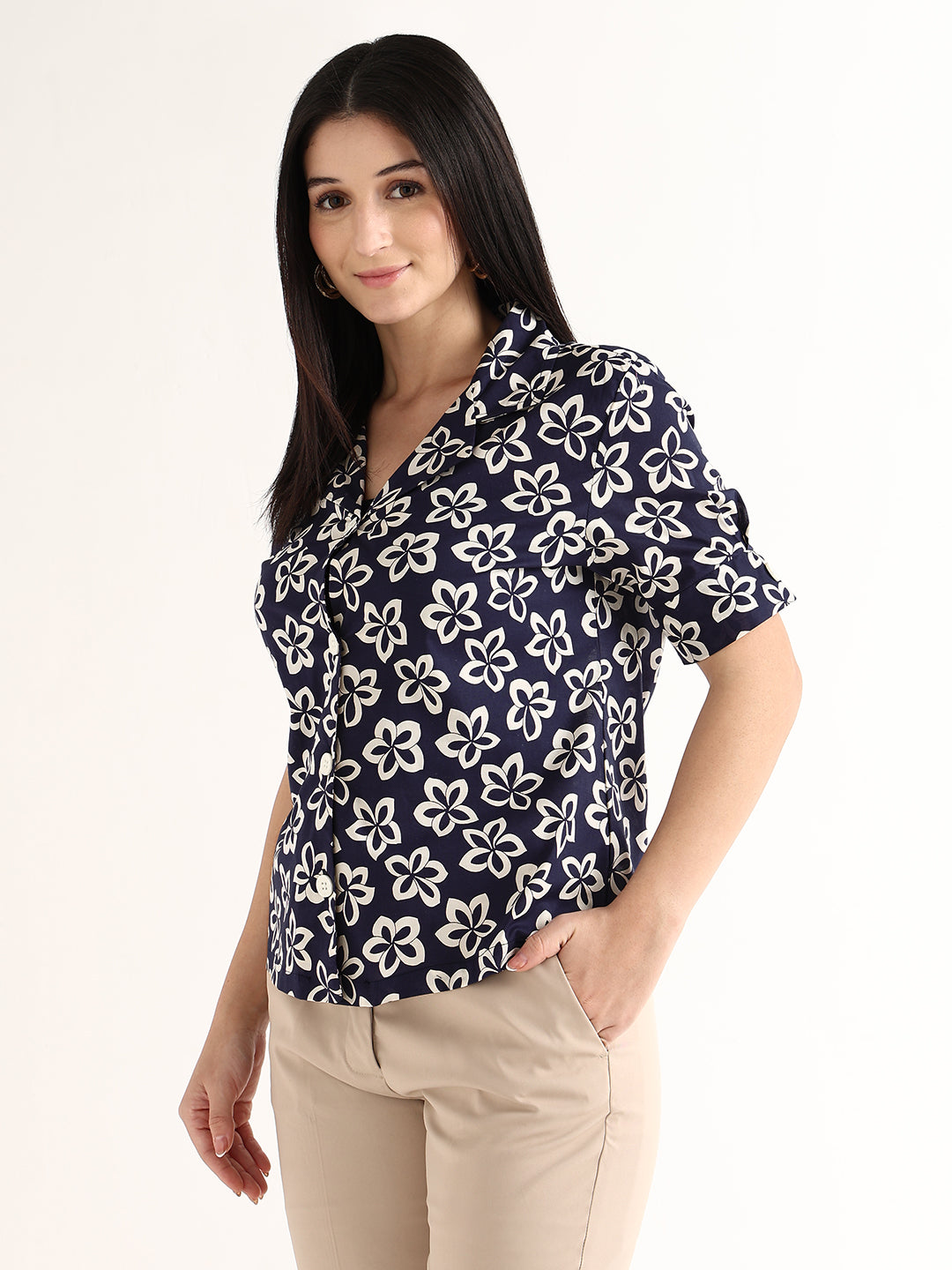 Hancock   Women   Navy Blue & Cream   Prints   Pure Cotton   Regular Fit   Formal   Shirt