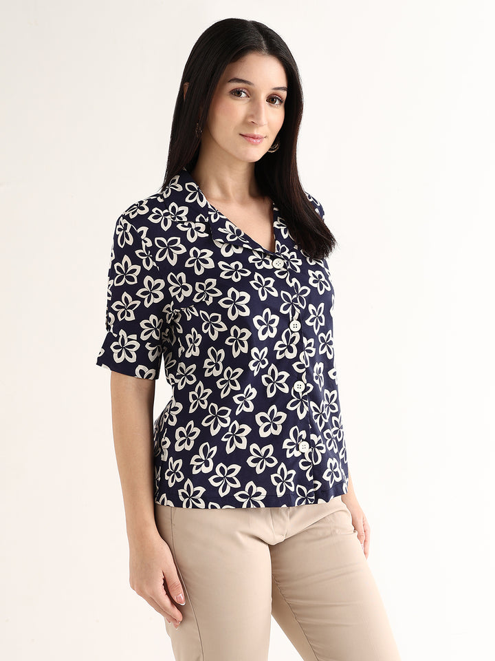 Hancock   Women   Navy Blue & Cream   Prints   Pure Cotton   Regular Fit   Formal   Shirt