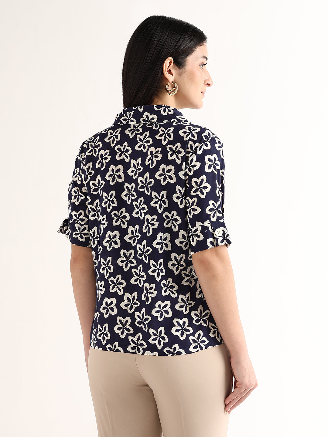 Hancock   Women   Navy Blue & Cream   Prints   Pure Cotton   Regular Fit   Formal   Shirt