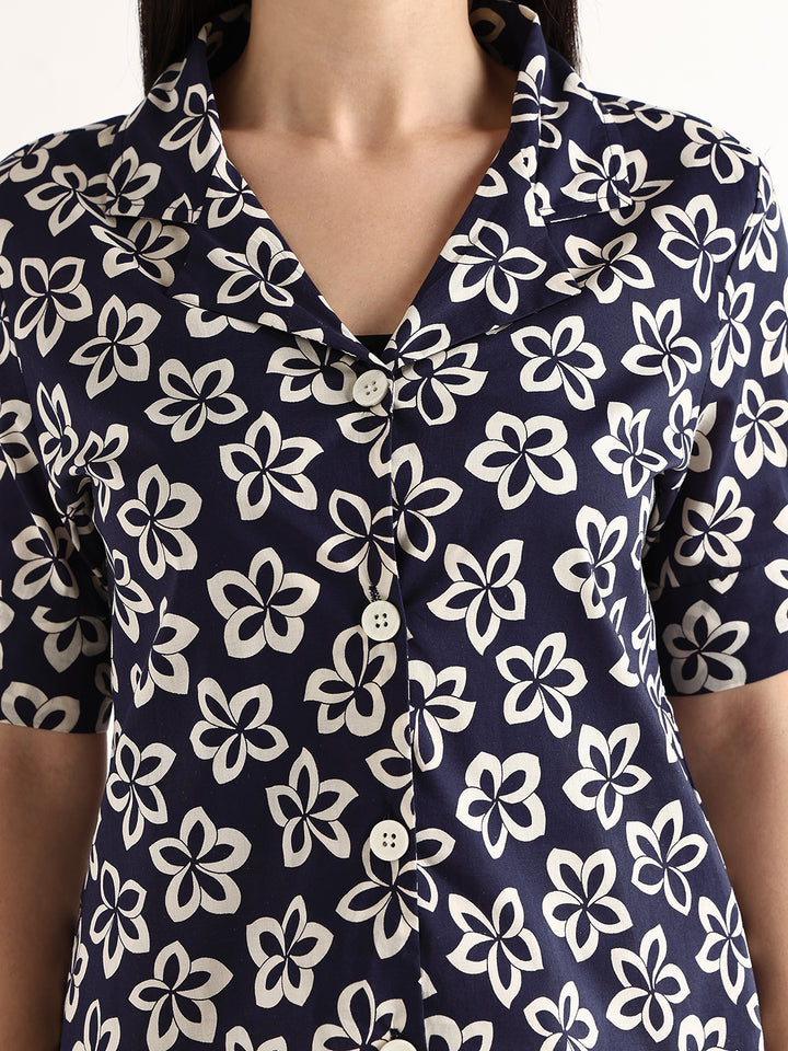 Hancock   Women   Navy Blue & Cream   Prints   Pure Cotton   Regular Fit   Formal   Shirt