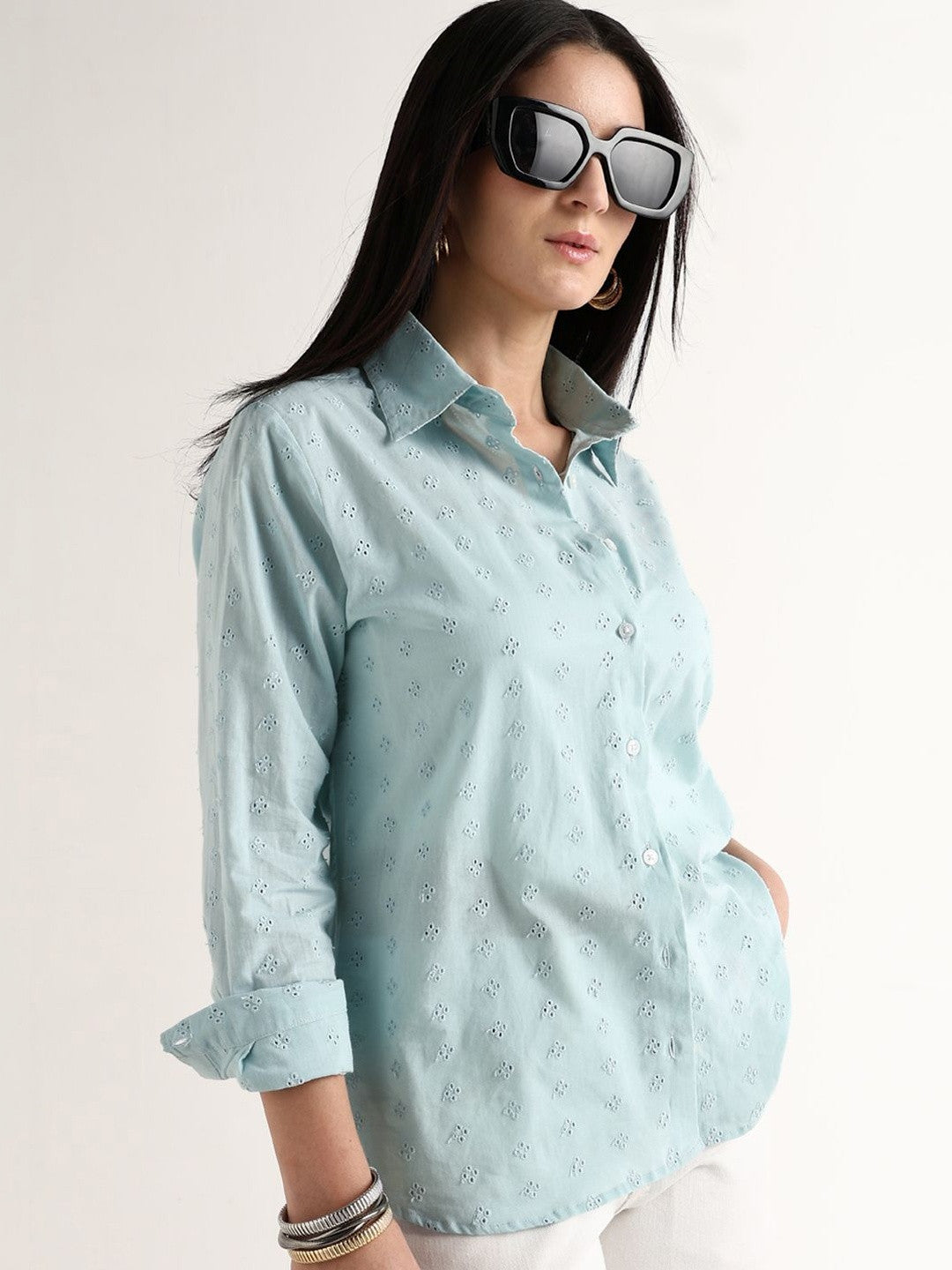 Hancock   Women   Sky Blue   Solids   Pure Cotton   Relaxed Fit   Casual   Shirt