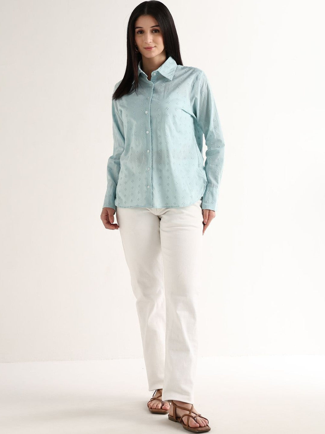 Hancock   Women   Sky Blue   Solids   Pure Cotton   Relaxed Fit   Casual   Shirt