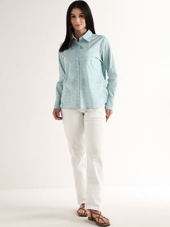 Hancock   Women   Sky Blue   Solids   Pure Cotton   Relaxed Fit   Casual   Shirt