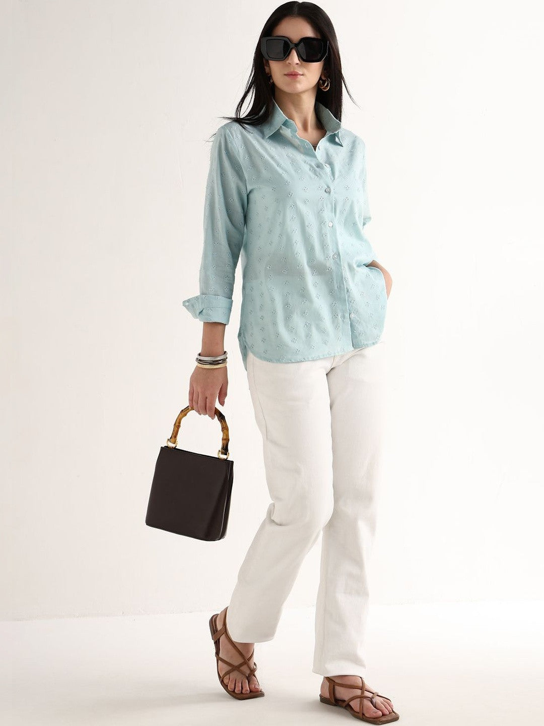 Hancock   Women   Sky Blue   Solids   Pure Cotton   Relaxed Fit   Casual   Shirt